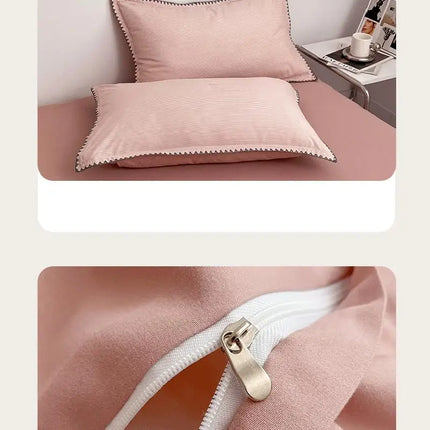 Ins Style Double Striped Bed 3-4 Pces Solid Washed Cotton Bedding with Sheets Pillowcases Skin Friendly Breathable Duvet Cover