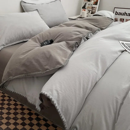 Ins Style Double Striped Bed 3-4 Pces Solid Washed Cotton Bedding with Sheets Pillowcases Skin Friendly Breathable Duvet Cover