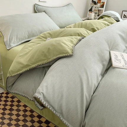 Ins Style Double Striped Bed 3-4 Pces Solid Washed Cotton Bedding with Sheets Pillowcases Skin Friendly Breathable Duvet Cover