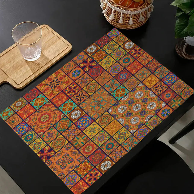 Mandala Pattern Boho Style Linen Dining Table Mats Alphabet Kitchen Placemat 30X40cm Coasters Pads Bowl Cup Mat