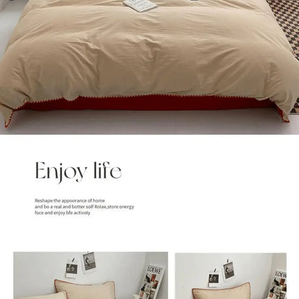 Ins Style Double Striped Bed 3-4 Pces Solid Washed Cotton Bedding with Sheets Pillowcases Skin Friendly Breathable Duvet Cover