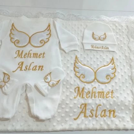 Dollbling Hospital Exit 5pcs Embroidery Name Newborn Angle Wings Romper Blanket  Nursery Bedding Swaddle Handmade Infant Outfit