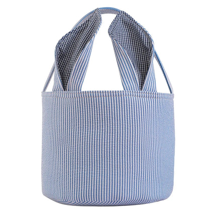 Seersucker Easter Basket With Bunny Ears Fully Plaid Lined Striped Egg Hunt Candy Gift Bag For Kids For Easter Decoration Candy