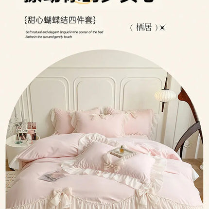 French Princess Style Bedding Sets Ruffle Lace Bow Quilt Cover Romantic Bedclothes Decor Woman Girls Bedroom Duvet Cover 4pcs