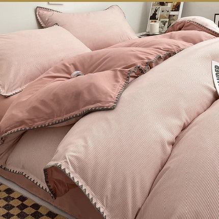 Ins Style Double Striped Bed 3-4 Pces Solid Washed Cotton Bedding with Sheets Pillowcases Skin Friendly Breathable Duvet Cover