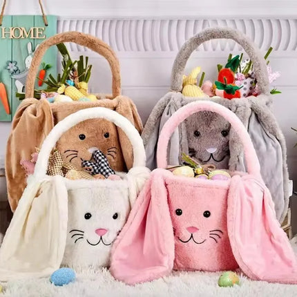 Cesta longa de orelha de coelho de pelúcia de páscoa com alça, balde de armazenamento de brinquedos de doces de pelúcia macia