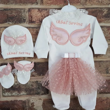 Dollbling Hospital Exit 5pcs Embroidery Name Newborn Angle Wings Romper Blanket  Nursery Bedding Swaddle Handmade Infant Outfit