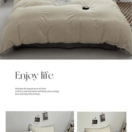 Ins Style Double Striped Bed 3-4 Pces Solid Washed Cotton Bedding with Sheets Pillowcases Skin Friendly Breathable Duvet Cover