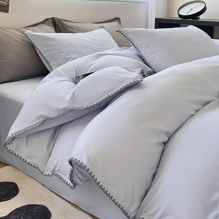 Ins Style Double Striped Bed 3-4 Pces Solid Washed Cotton Bedding with Sheets Pillowcases Skin Friendly Breathable Duvet Cover