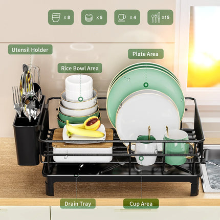 Multi-Functional Kitchen Dish Draining Rack with Cutlery Holder