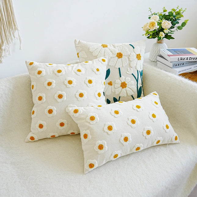 Daisy Floral Embroidered Throw Pillow Cover
