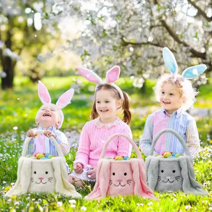 Cesta longa de orelha de coelho de pelúcia de páscoa com alça, balde de armazenamento de brinquedos de doces de pelúcia macia