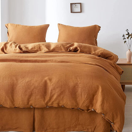Simple&Opulence 100% Linen 3Pcs Bedding Set  Natural Flax Breathable King Size with Coconut Button Comforter Duvet Cover Set