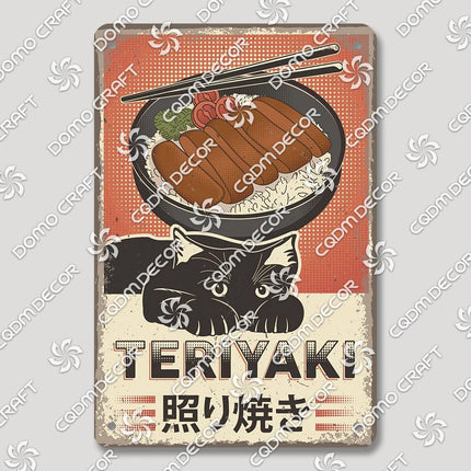 Cartoon Cat Japanese Food Plaque Tin Sign Retro Ramen Sushi Takoyaki Poster Metal Plates Bar Pub Restaurant Kitchen Wall Decor