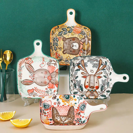 Ceramic Bakeware With Handle Forest Animals Baking Pan  Underglaze  Kitchen Tableware Salad Bowl Au Gratin Dishes