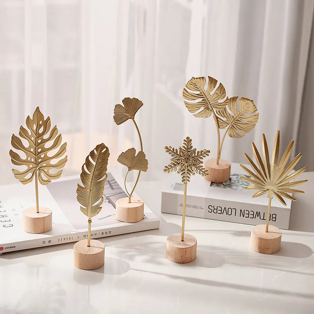 Golden Ginkgo Leaf Metal Figurine Handmade Desk