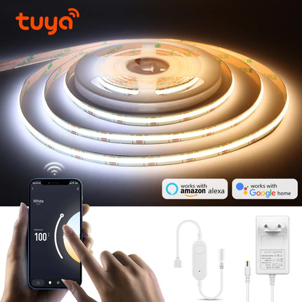 Tuya Smart WiFi Switch COB CCT LED Strip Light 3M 5M 24V Power Adapter EU/US Plug Dimmable Lamp LED Tape for Room Kitchen Decor