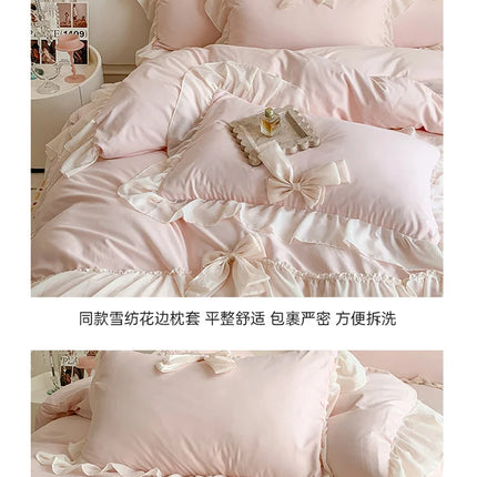 French Princess Style Bedding Sets Ruffle Lace Bow Quilt Cover Romantic Bedclothes Decor Woman Girls Bedroom Duvet Cover 4pcs