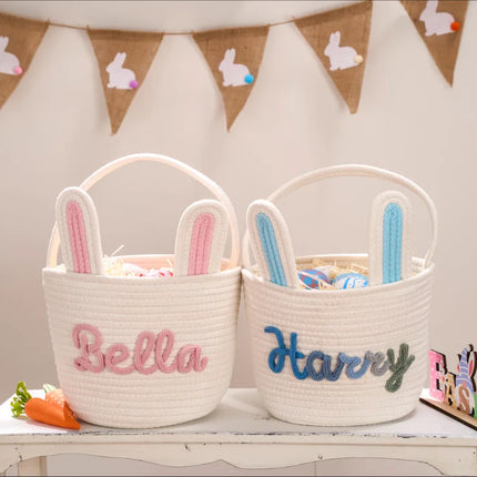 Personalised Easter Name Basket, Bunny & Carrot Rope Basket for Baby First Easter, Easter Egg Hunt Basket, Baby Shower Gift