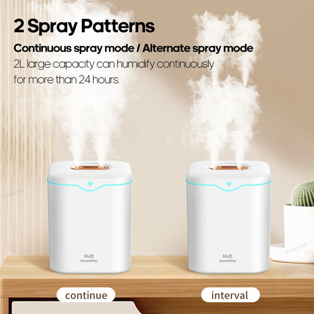 2000ml Large Capacity Double Spray Port Air Humidifier USB Silent Aromatherapy Diffuser Cool Mist Maker for Bedroom Home Office