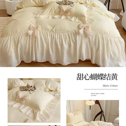 French Princess Style Bedding Sets Ruffle Lace Bow Quilt Cover Romantic Bedclothes Decor Woman Girls Bedroom Duvet Cover 4pcs
