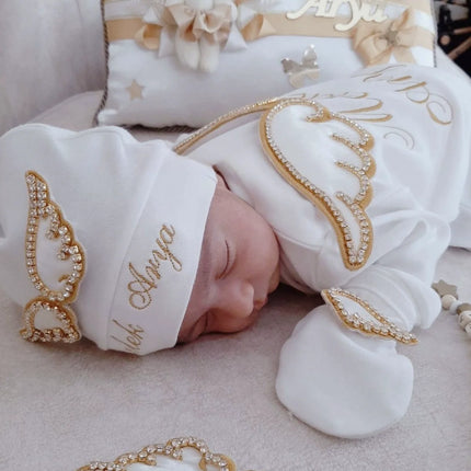Dollbling Hospital Exit 5pcs Embroidery Name Newborn Angle Wings Romper Blanket  Nursery Bedding Swaddle Handmade Infant Outfit