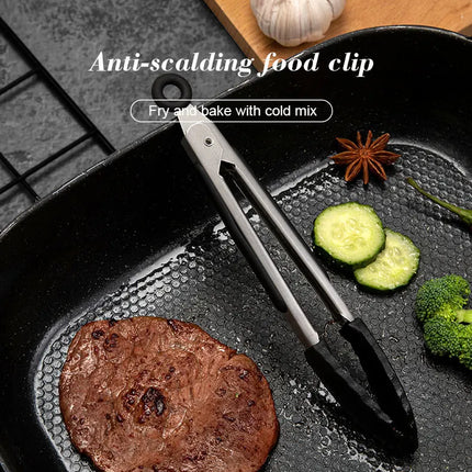 1 Pc Black Silicone Food Tongs, Stainless Steel Food Tongs Outdoor BBQ Clamps For Camping Kitchen Tongs For Baking Steak