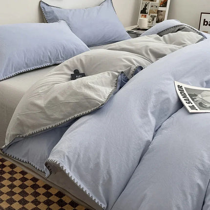 Ins Style Double Striped Bed 3-4 Pces Solid Washed Cotton Bedding with Sheets Pillowcases Skin Friendly Breathable Duvet Cover