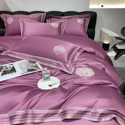 Stripe Embroidery Bedding Sets Luxury Egyptian Cotton Duvet Cover Fitted Bed Sheet Pillowcases Solid Color Mattress Cover