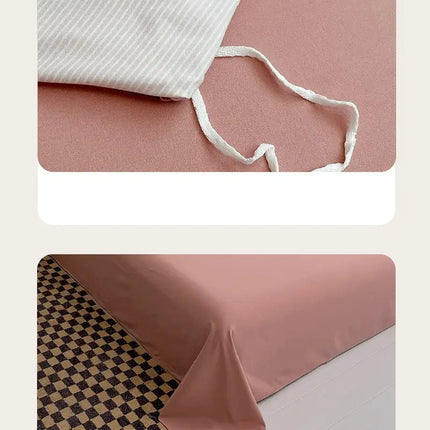 Ins Style Double Striped Bed 3-4 Pces Solid Washed Cotton Bedding with Sheets Pillowcases Skin Friendly Breathable Duvet Cover