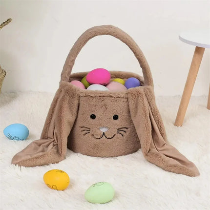 Cesta longa de orelha de coelho de pelúcia de páscoa com alça, balde de armazenamento de brinquedos de doces de pelúcia macia