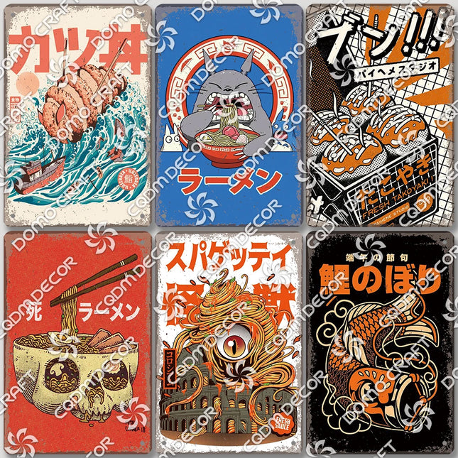 Cartoon Cat Japanese Food Plaque Tin Sign Retro Ramen Sushi Takoyaki Poster Metal Plates Bar Pub Restaurant Kitchen Wall Decor