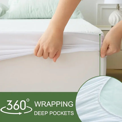 1Pc Cooling Bamboo Fiber Mattress Protector -Waterproof & Ultra-Soft Knit, Breathable Fitted Sheet with Blue Leaf Design