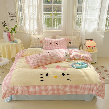 Cartoon embroidery Bedding set Plaid Duvet cover 100% Washed cotton 4pcs Bedding for Winter with Sheet Pillowcases Home Textiles