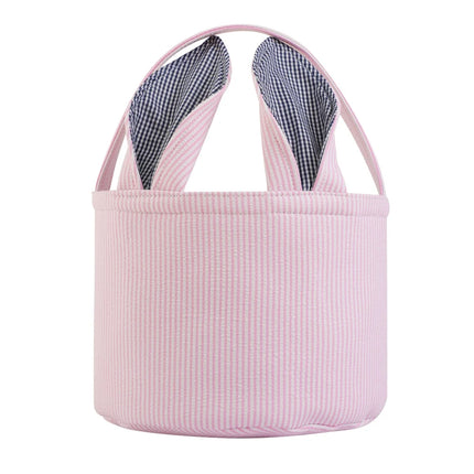 Seersucker Easter Basket With Bunny Ears Fully Plaid Lined Striped Egg Hunt Candy Gift Bag For Kids For Easter Decoration Candy
