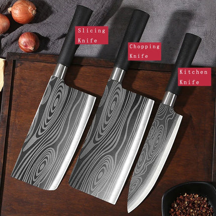 Laser Damascus Pattern Kitchen Knives Scissors Sharpening Rod Set