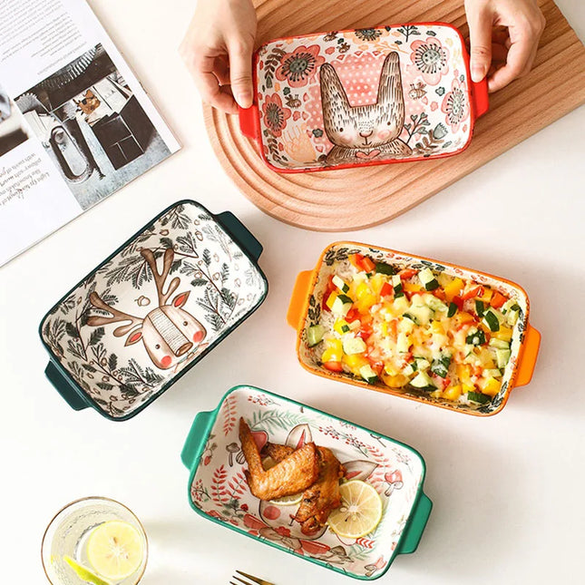 Ceramic Bakeware With Handle Forest Animals Baking Pan  Underglaze  Kitchen Tableware Salad Bowl Au Gratin Dishes