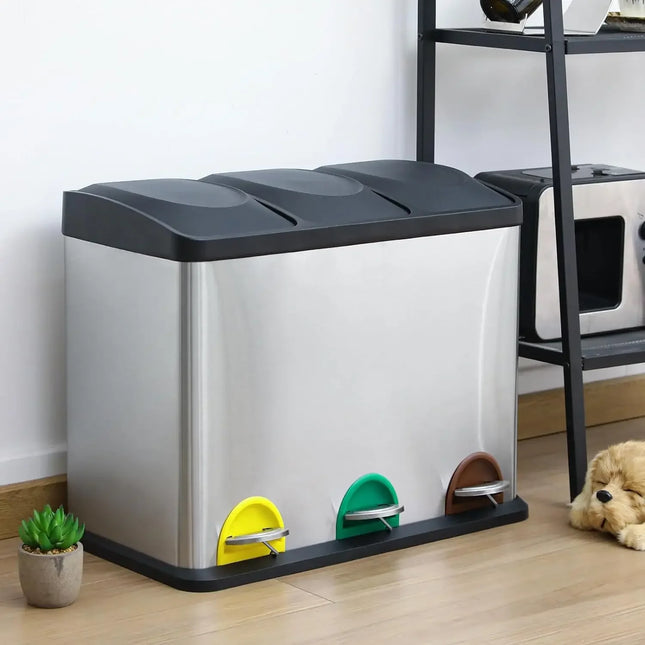 Garbage Can for Kitchen, Trash Can 3 Compartments, Stainless Steel, Recycle Bin with Soft-Close Lids, 3 x 8 /3x15L Plastic Inner