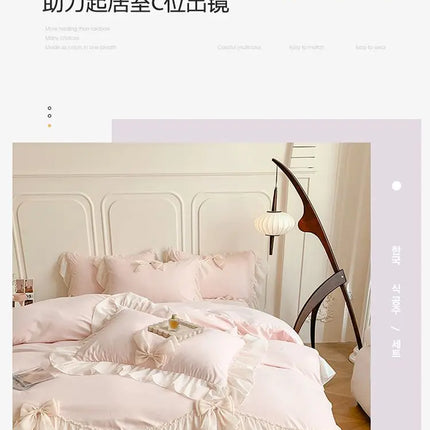 French Princess Style Bedding Sets Ruffle Lace Bow Quilt Cover Romantic Bedclothes Decor Woman Girls Bedroom Duvet Cover 4pcs