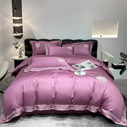 Stripe Embroidery Bedding Sets Luxury Egyptian Cotton Duvet Cover Fitted Bed Sheet Pillowcases Solid Color Mattress Cover