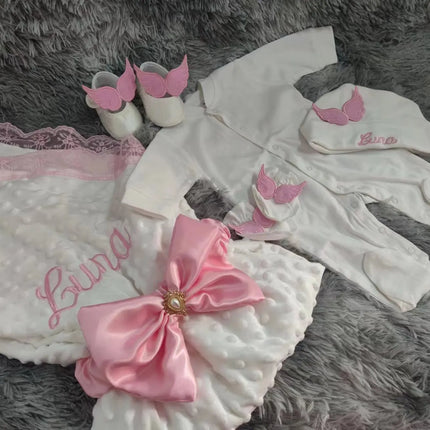 Dollbling Hospital Exit 5pcs Embroidery Name Newborn Angle Wings Romper Blanket  Nursery Bedding Swaddle Handmade Infant Outfit