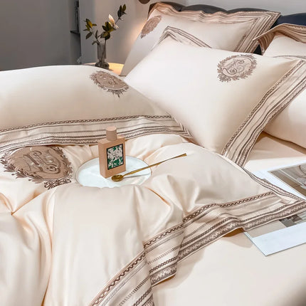 Stripe Embroidery Bedding Sets Luxury Egyptian Cotton Duvet Cover Fitted Bed Sheet Pillowcases Solid Color Mattress Cover