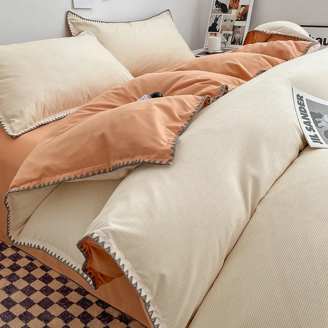 Ins Style Double Striped Bed 3-4 Pces Solid Washed Cotton Bedding with Sheets Pillowcases Skin Friendly Breathable Duvet Cover