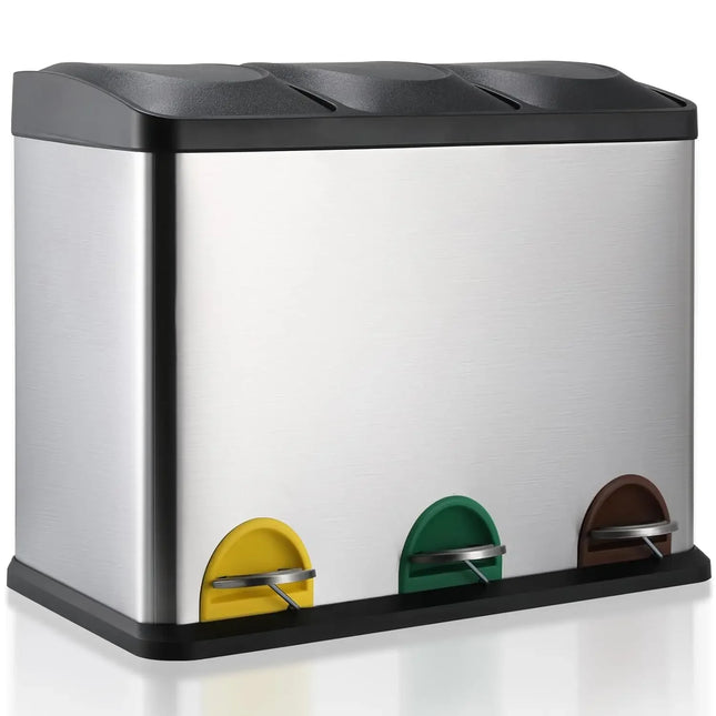 Garbage Can for Kitchen, Trash Can 3 Compartments, Stainless Steel, Recycle Bin with Soft-Close Lids, 3 x 8 /3x15L Plastic Inner