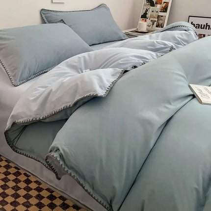 Ins Style Double Striped Bed 3-4 Pces Solid Washed Cotton Bedding with Sheets Pillowcases Skin Friendly Breathable Duvet Cover