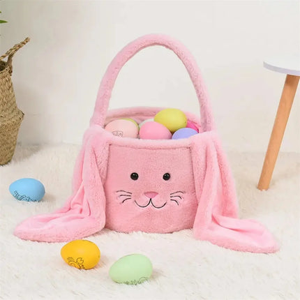 Cesta longa de orelha de coelho de pelúcia de páscoa com alça, balde de armazenamento de brinquedos de doces de pelúcia macia