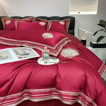 Stripe Embroidery Bedding Sets Luxury Egyptian Cotton Duvet Cover Fitted Bed Sheet Pillowcases Solid Color Mattress Cover