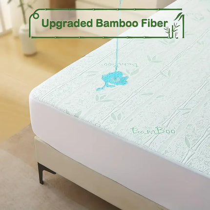 1Pc Cooling Bamboo Fiber Mattress Protector -Waterproof & Ultra-Soft Knit, Breathable Fitted Sheet with Blue Leaf Design