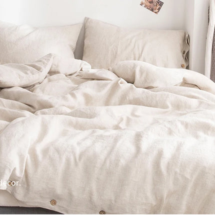 Simple&Opulence 100% Linen 3Pcs Bedding Set  Natural Flax Breathable King Size with Coconut Button Comforter Duvet Cover Set