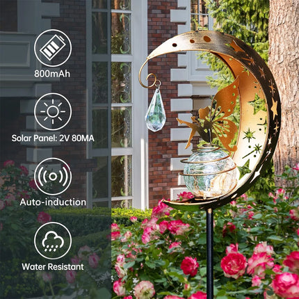Solar Moon Fairy Garden Light with Crackle Glass Globe